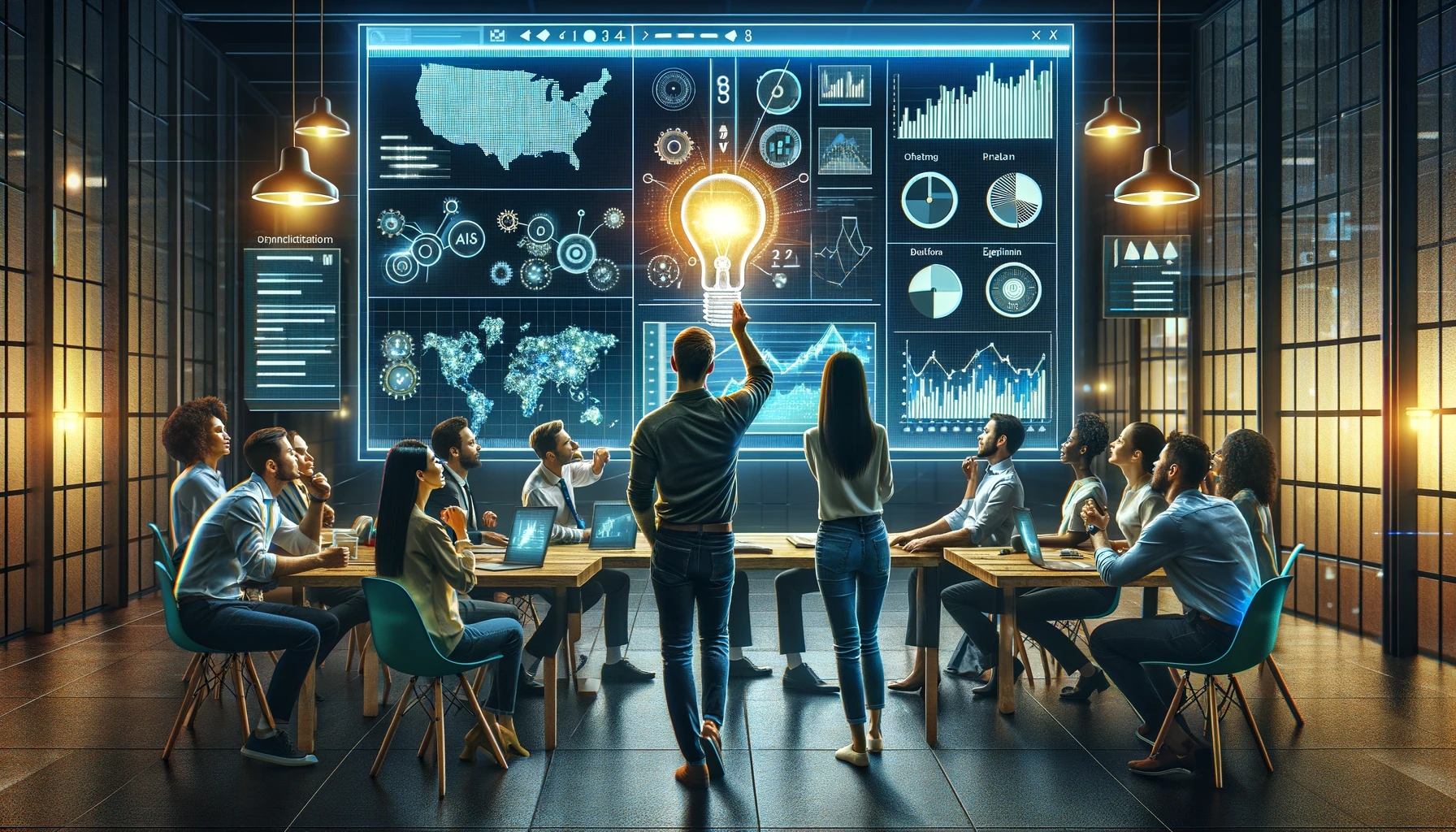 People looking at a data dashboard with an idea lightbulb in the middle