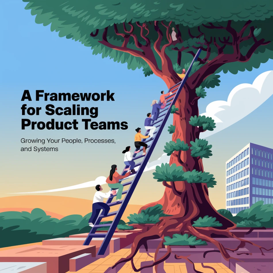 an illustration of a rapidly growing company. There is a ladder reaching the sky with people of diverse backgrounds climbing it. The ladder is placed on a growing tree. The tree has branches that stretch out and touch the sky. The ground is made of blocks. There is a building in the background with multiple floors. The title is A Framework For Scaling Product Teams. The subtitle is Growing your people, processes, and systems.